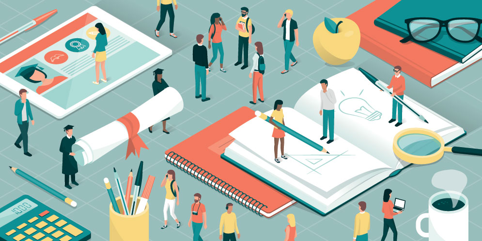 vector drawing of miniature students and teachers standing on top of giant school supplies and collaborating