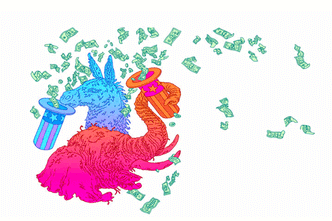 colorful rendition of the democratic and republican political party mascots