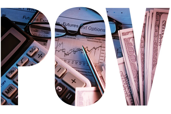 an image of a calculator, 100 dollar bills, glasses, a pen, and papers scattered across a surface, all indicating trying to work out finances made into the letters P O V