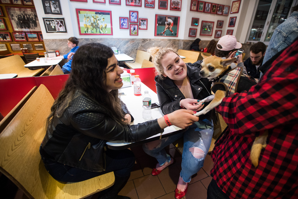 Two students, play with a dog at T. Anthony's