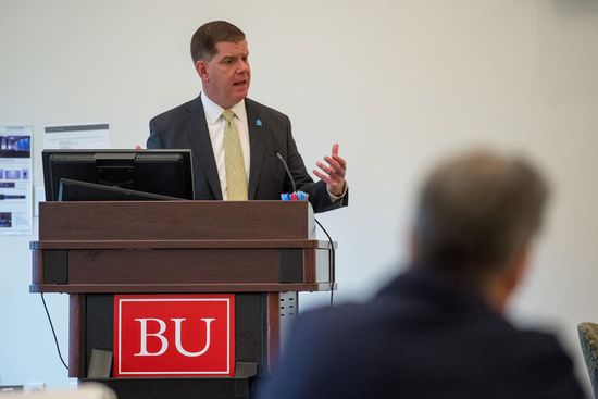 Mayor Marty Walsh speaking at a podium