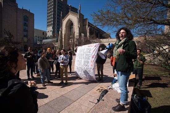 Co-leader for DivestBU Masha Vernik (CAS'19) speaks during a rally for divestment in Marsh Plaza