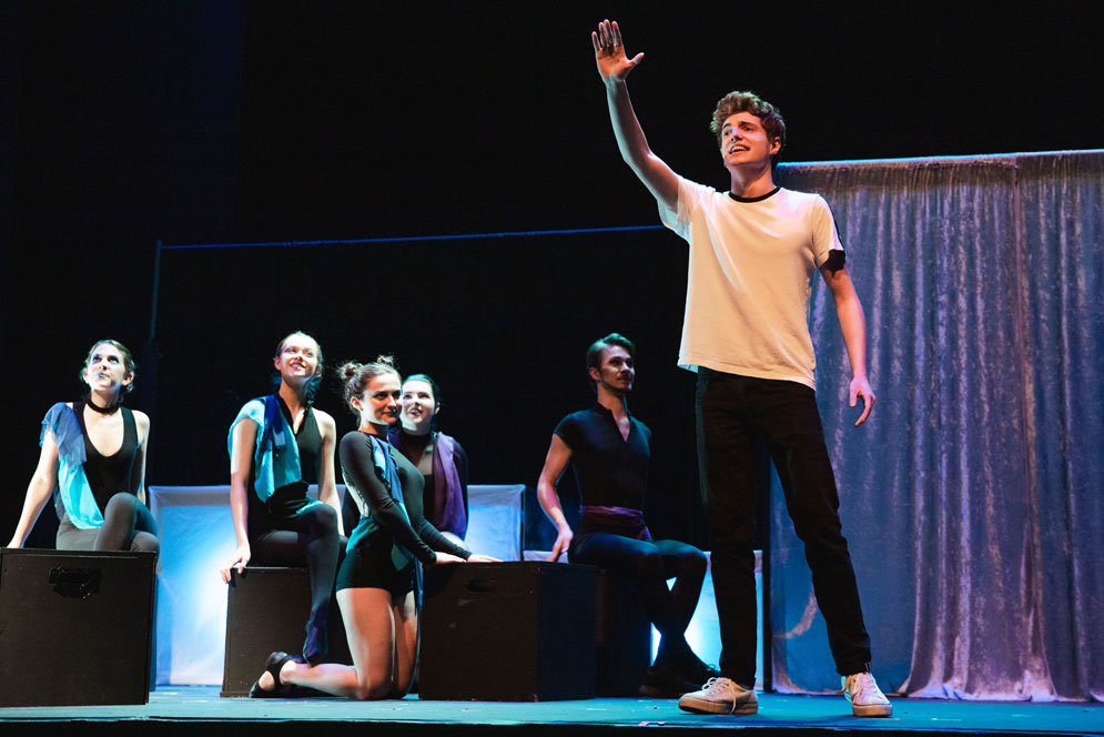 Nick Mason (COM'22) plays the character of Pippin during the dress rehearsal of BU on Broadway’s production of Pippin