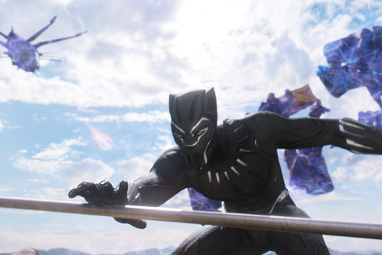 Black Panther in his titular movie, fighting off helicopters