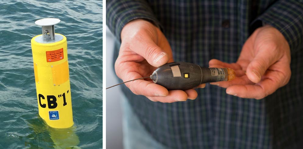 Acoustic telemetry links a network of buoys off the Cape (left photo) with the tags that shark expert Greg Skomal currently has working on about 100 sharks (right). Left photo courtesy Atlantic White Shark Conservancy. Right photo by Cydney Scott.