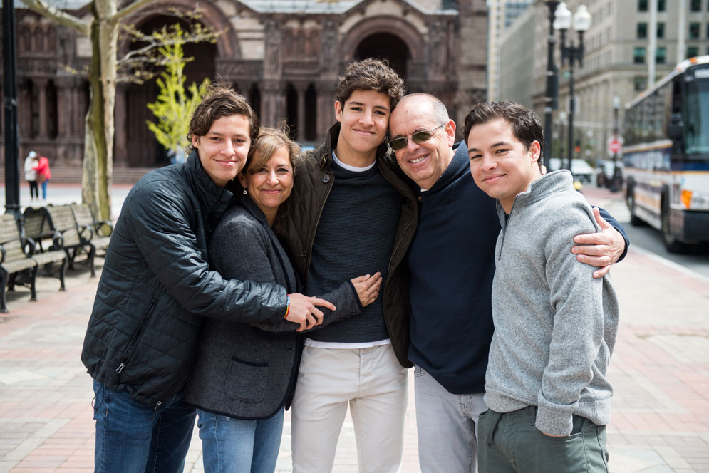 Andres Uribe Stevens (CGS'20), from left, Pauline Stevens, JP Uribe Stevens (Questrom'22), Jose Uribe, and Santiago Uribe Stevens (Questrom'22).