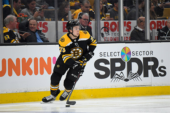 Boston Bruins player Charlie McAvoy looks to pass during a game.