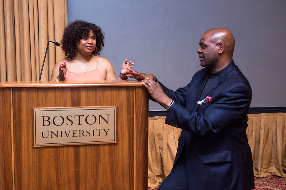 Adia Turner practices her commencement speech with Boston University Dean of Students Kenneth Elmore