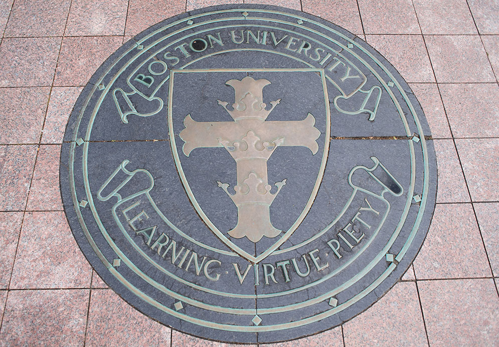 The Boston University Crest symbol on Marsh Plaza. Also referred to as the Boston University Seal.