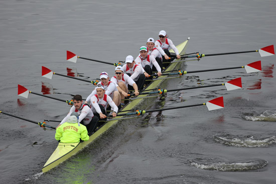 The BU men’s rowing team on the water