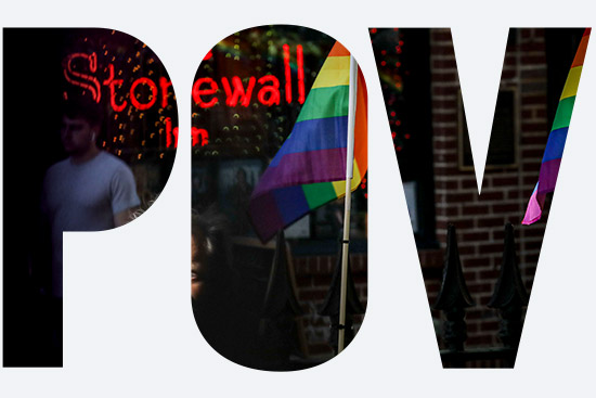 In the letters POV: A neon sign reads The Stonewall Inn, with a rainbow flag in front and a man staring off into the distance behind a fence