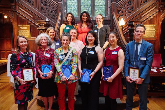 From top to bottom and left to right, Sanaya Shroff (ENG'21), Mounika Vutukuru(ENG'20), Radost Stanimirova(GRS'24), Professor Kim McCall, Cynthia Brossman, Dr. Beverly Brown, Professor Emerita Deborah Belle, Professor Sheryl Grace, Dr. Angela Seliga, Dr. Winnie Pong, and Dr. Daniel Kleinman take a moment to get picture taken at the Graduate Women in Science and Engineering 10-year Anniversary Gala on Thursday, May 30, 2019