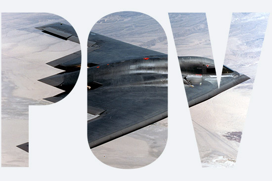 A photo of a U.S. Air Force B-2 Spirit bomber with the letters "POV" superimposed over.