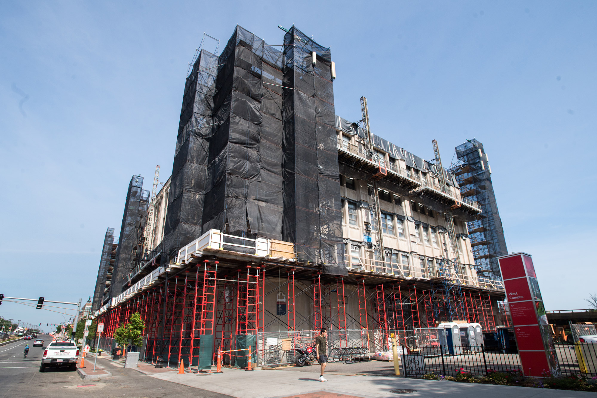 scaffolding up on the exterior of the college of fine arts