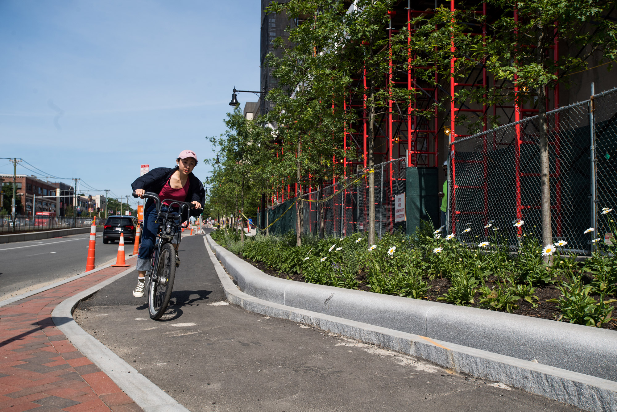 A bicyclist bikes along commonwealth avenue
