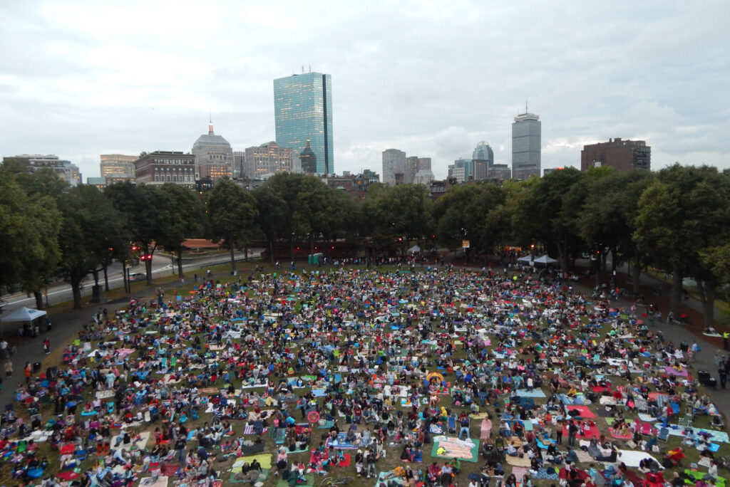 People gathered on the esplanade for a free movie screening