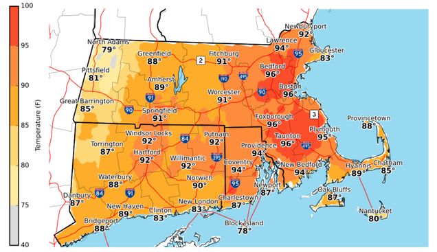 a temperature map of Boston during extreme heat on July 31