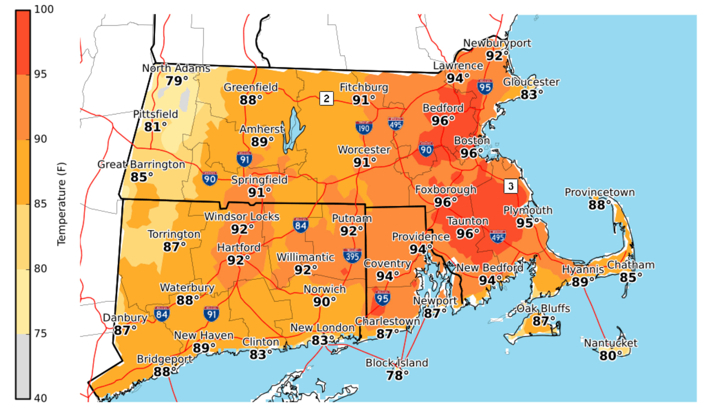 a temperature map of Boston during extreme heat on July 31