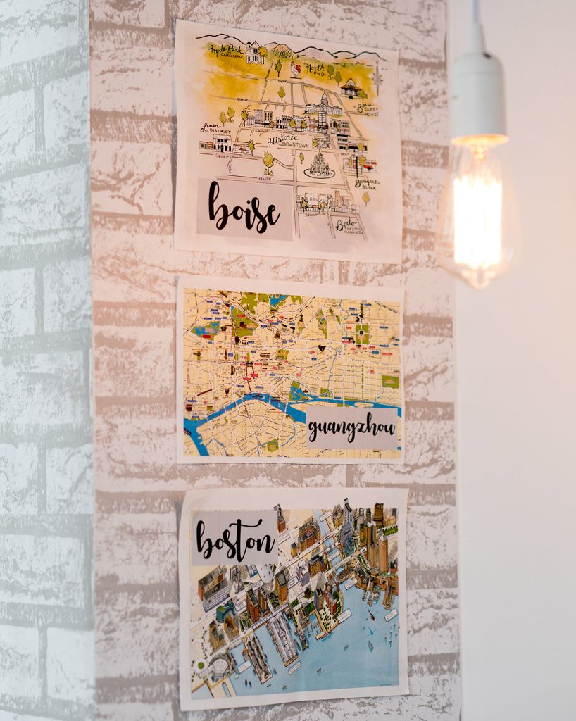 White brick removable sticky wallpaper adorns a column in a dorm room