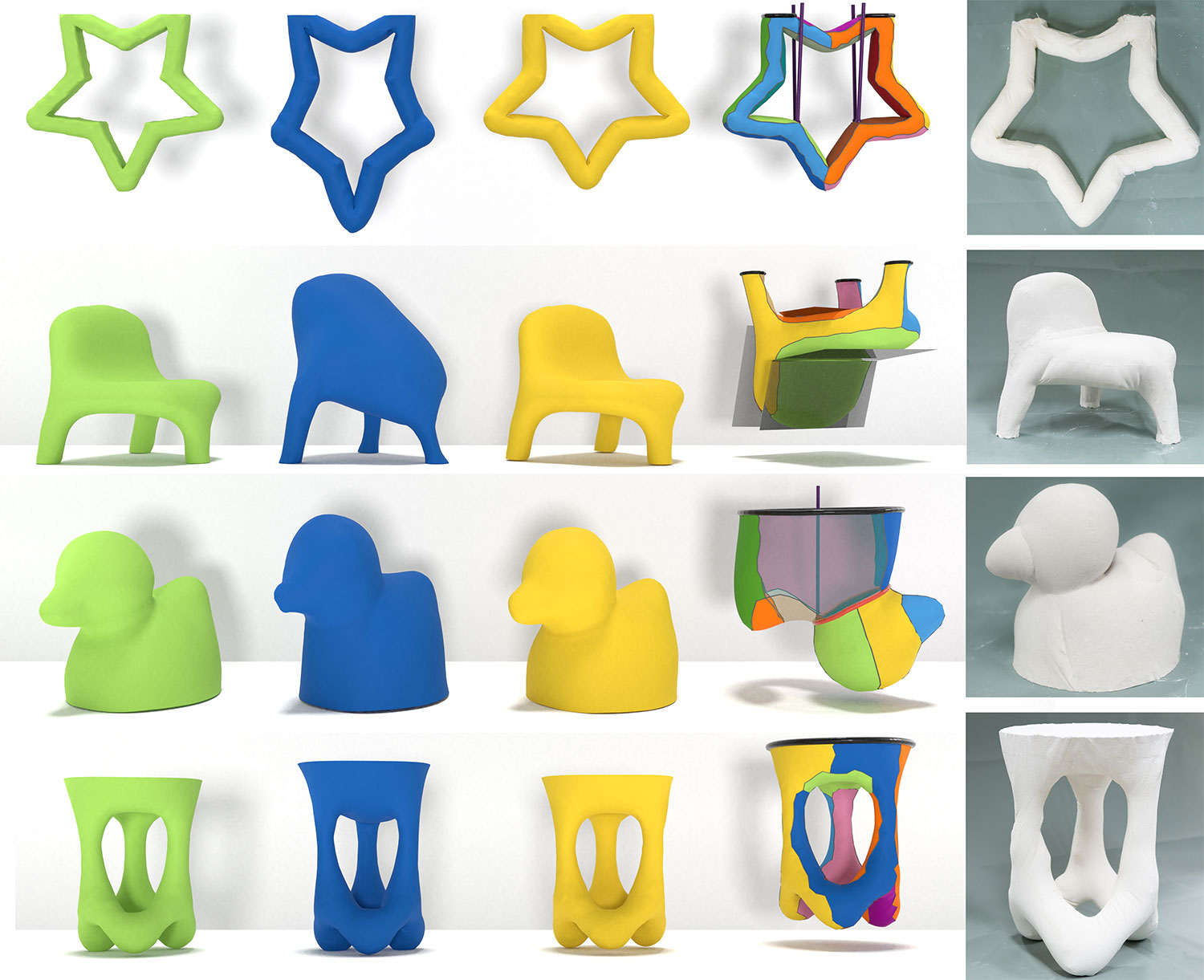 Composite photo grid showing 4 fabric formwork molds constructed using the computational design algorithms created by Emily Whiting and Xiaoting Zhang. 4 color versions of each model are shown next to the base model.