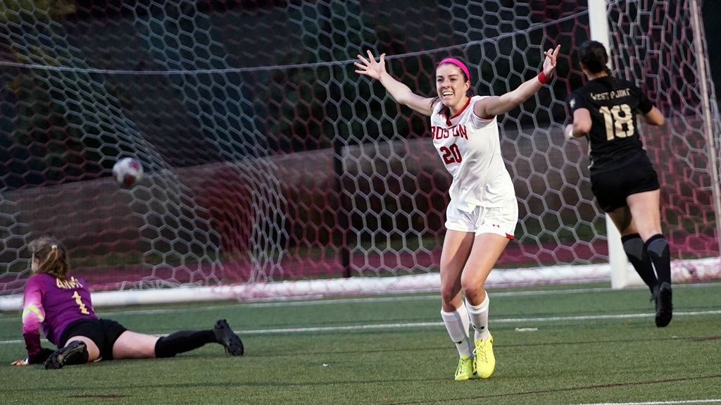 BU Terriers women's soccer player Shannon Keefe celebrates after scoring a goal.