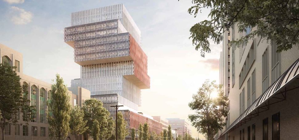 Architectural rendering showing an exterior view of the Boston Univeristy Center for Computing and Data Sciences building.