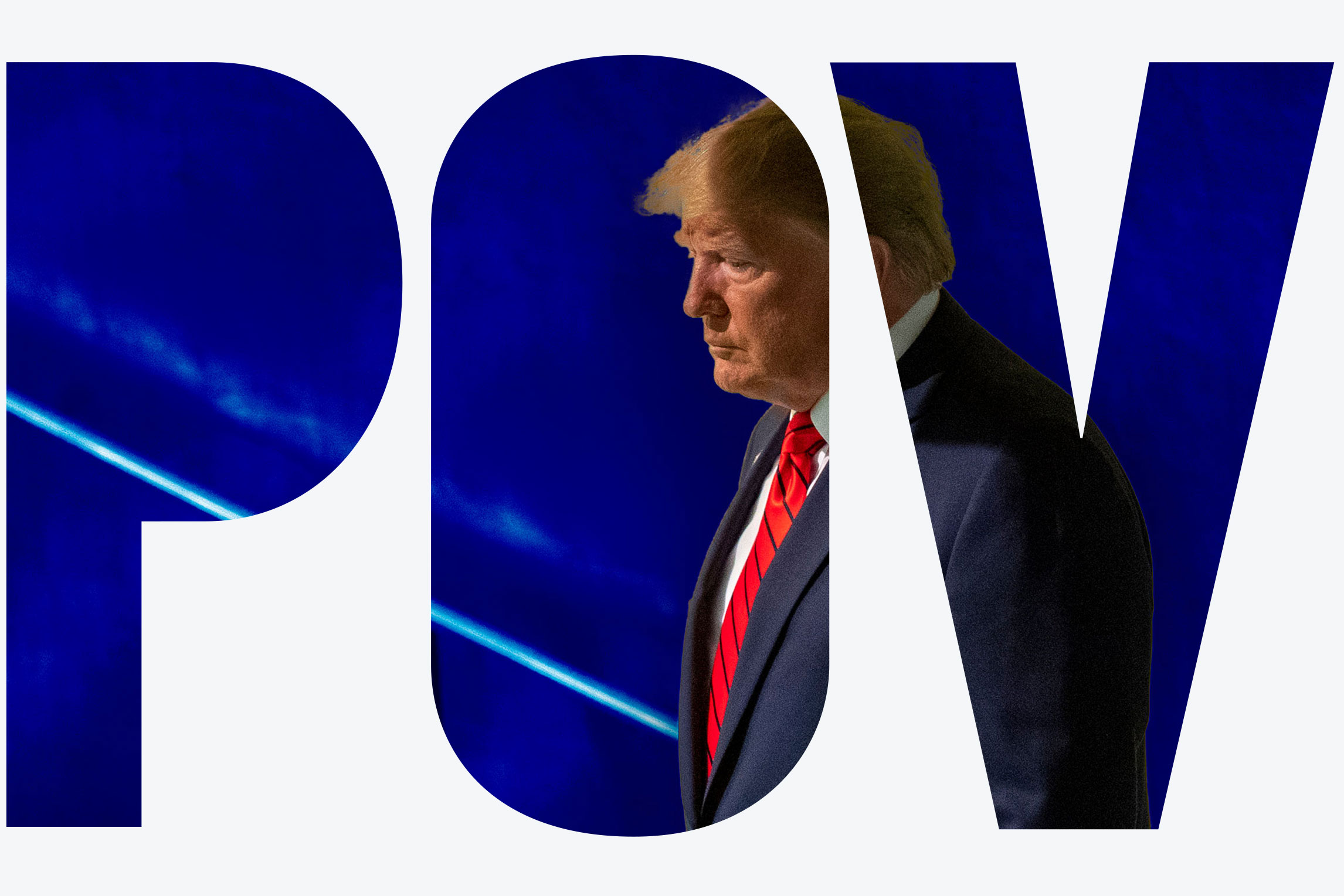 Donald Trump looking pensive in front of a textured blue background.
