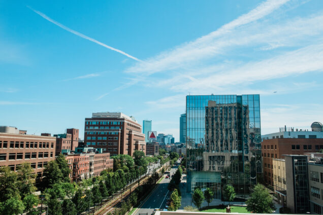 A view down Commonwealth Ave looking towards Kenmore Square from the roof of Warrent Towers dorm on the Boston University Charles River campus.