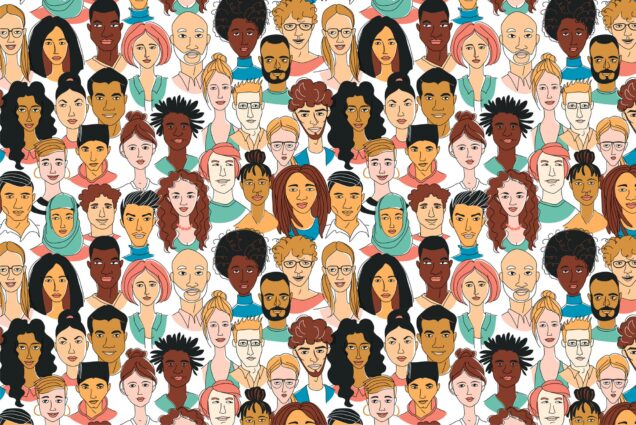 Illustration showing faces from different races and ethnicities.