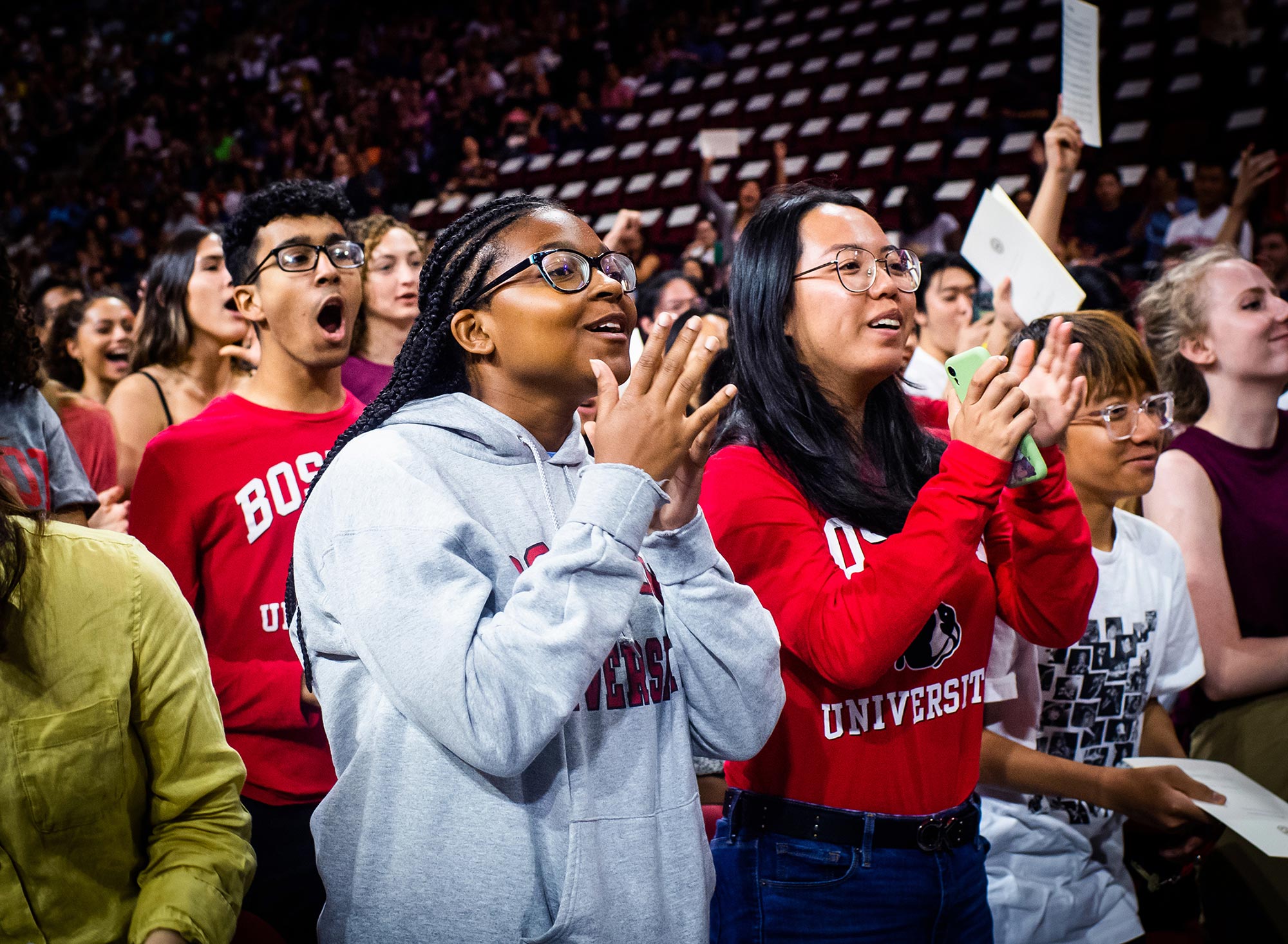 Students from the Boston University Class of 2023 cheer during the Matriculation Ceremony, Sunday, September 1 at Agganis Arena.