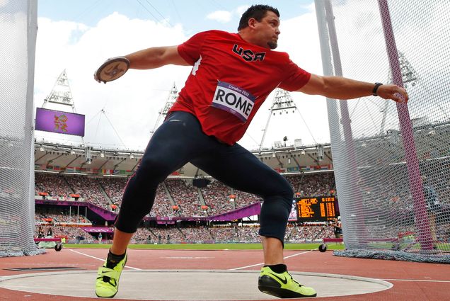 United States' Jarred Rome takes a throw in the men's discus throw qualification round during the athletics in the Olympic Stadium at the 2012 Summer Olympics, London