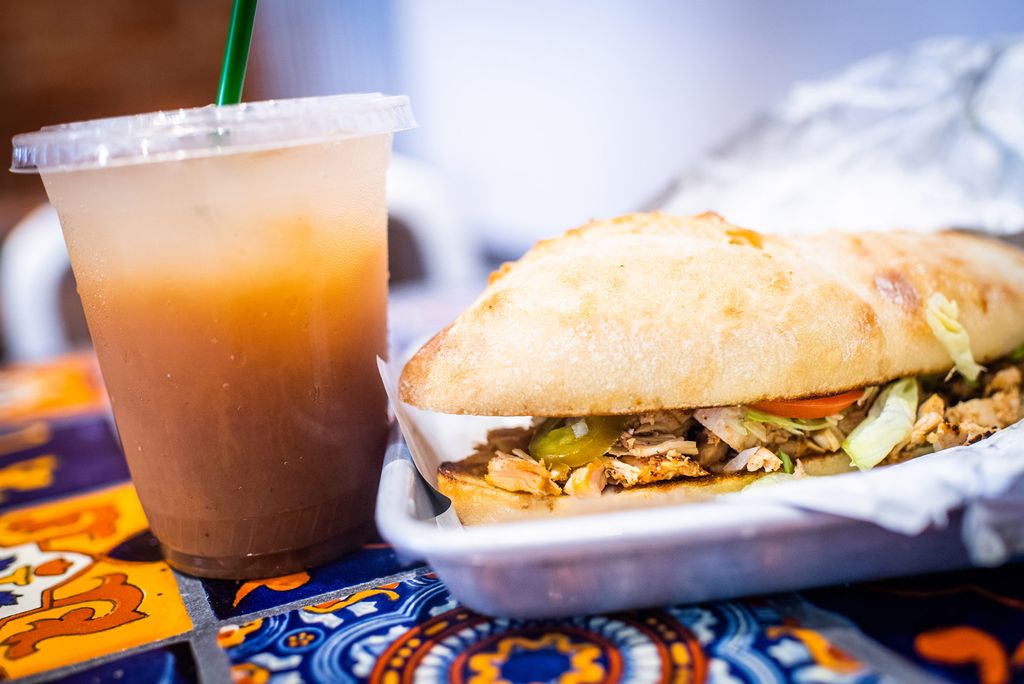 The chicken torta with a tamarind agua fresca