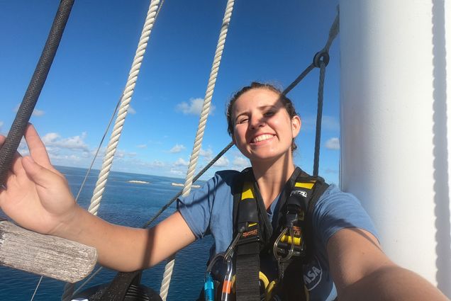 Selfie of Boston University student Allie Cole aboard the scientific vessel Robert C. Seamans in the Phoenix Islands Protected Area.