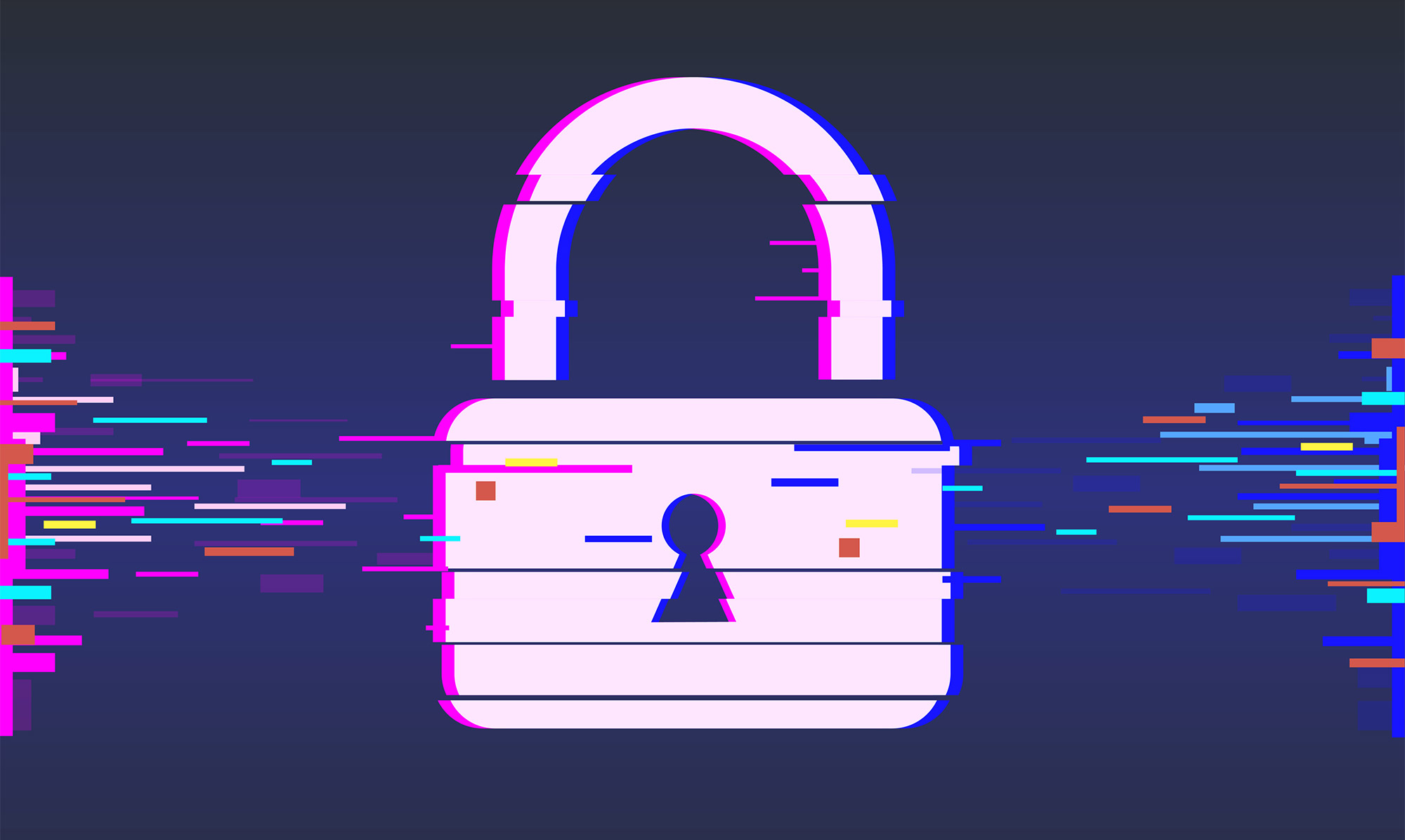 Illustration of padlock with digital glitches in it.