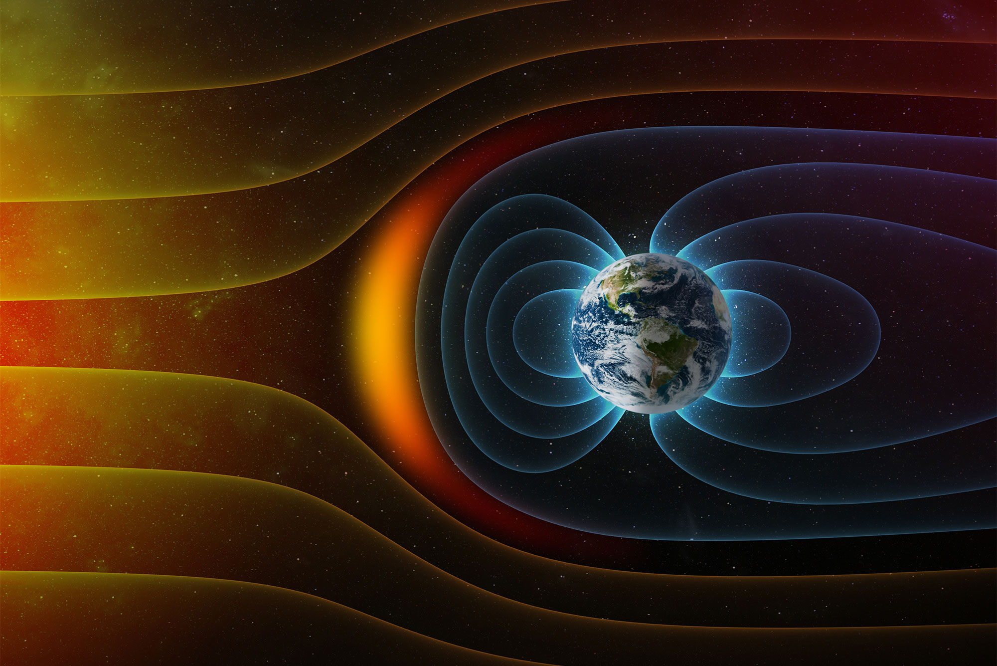 Scientific illustration showing Earth's magnetic field deflecting solar winds from the sun.