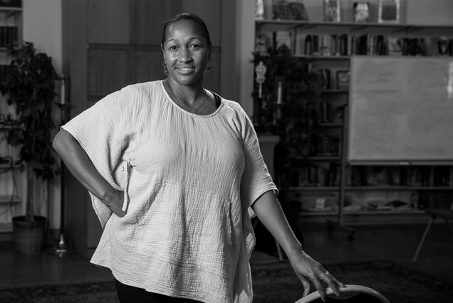 Black and White portrait of Rev. Mariama White-Hammond at the New Roots AME church where she pastors.