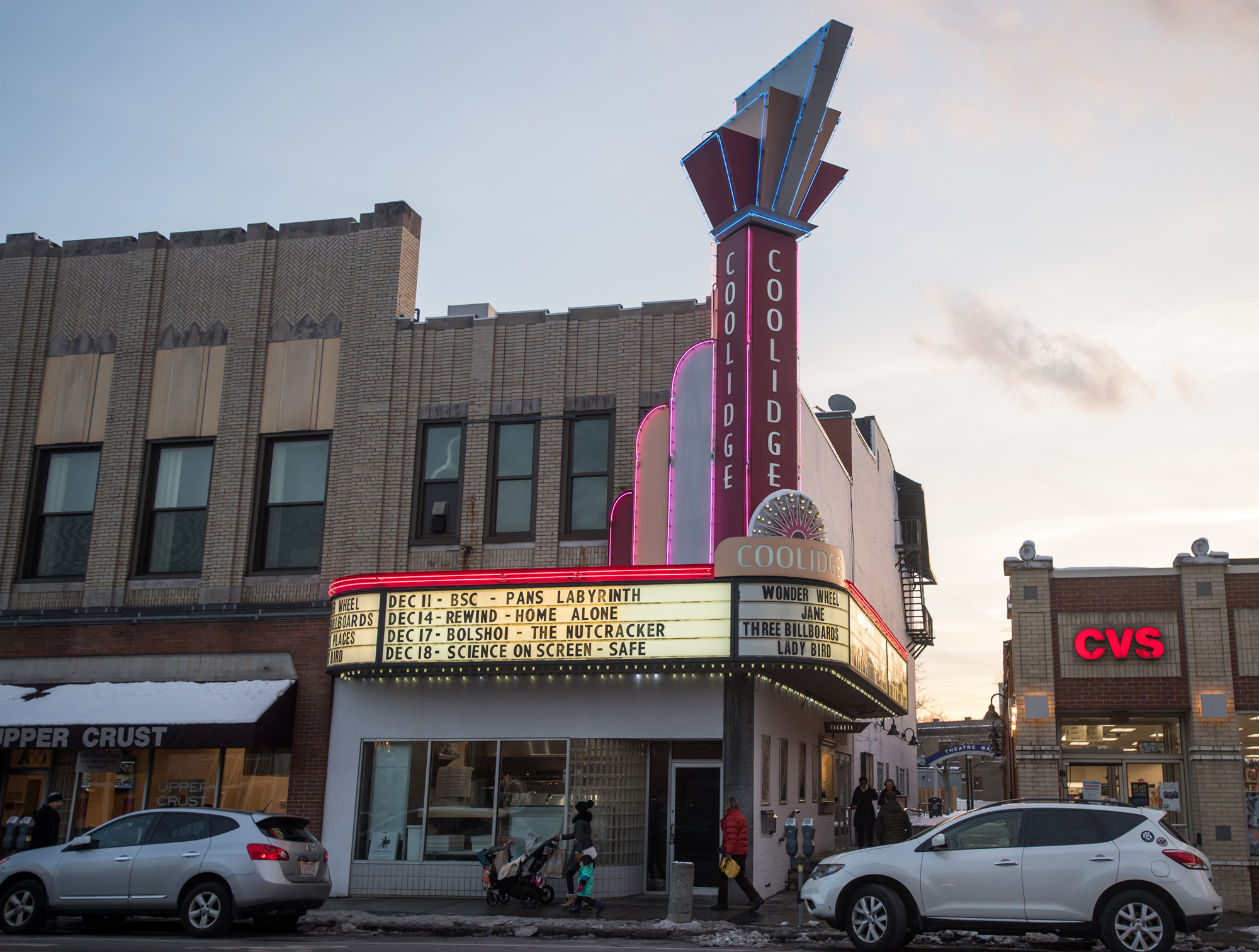 The Coolidge corner theatre at dusk