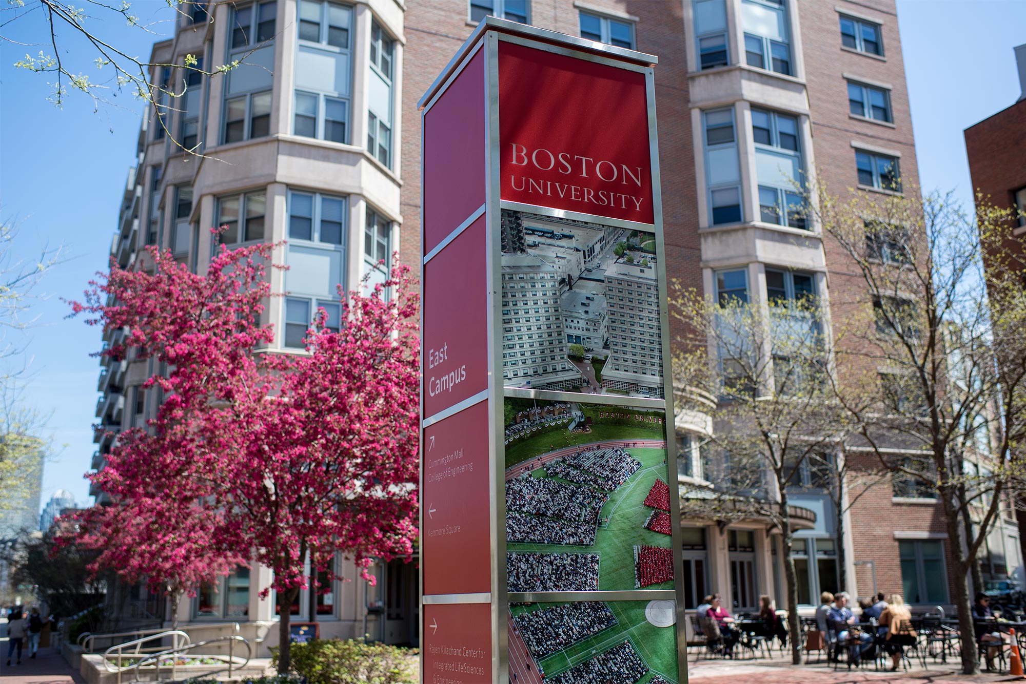 View of wayfinding signage on the Boston University Charles River Campus East.