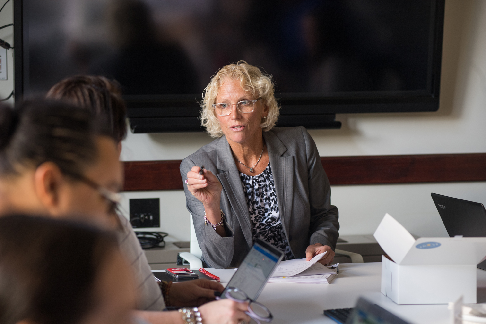 Lisa Sullivan, an SPH professor of biostatistics and associate dean for education, chairing a meeting of the school’s education committee.