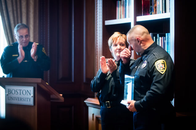 BUPD Officer Brian Abdallah gets emotional as he is presented with the first annual Ron Gately humanitarian award
