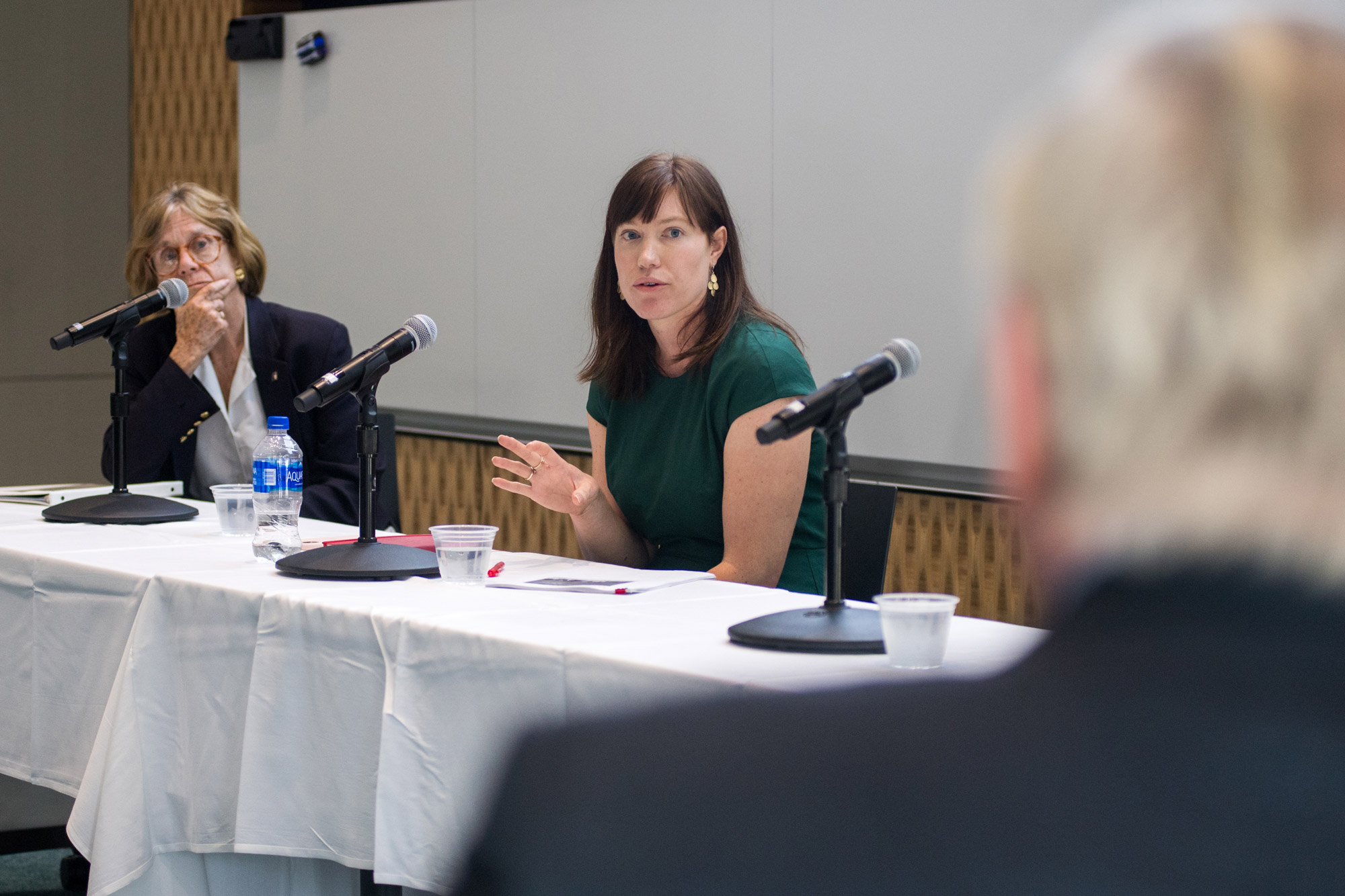 Dr. Frazier Benya, at right, director of the National Academies of Sciences, Engineering, and Medicine Action Collaborative on Preventing Sexual Harassment in Higher Education, and Dr. Sheila Evans Widnall, Institute Professor at the MIT take questions at a panel