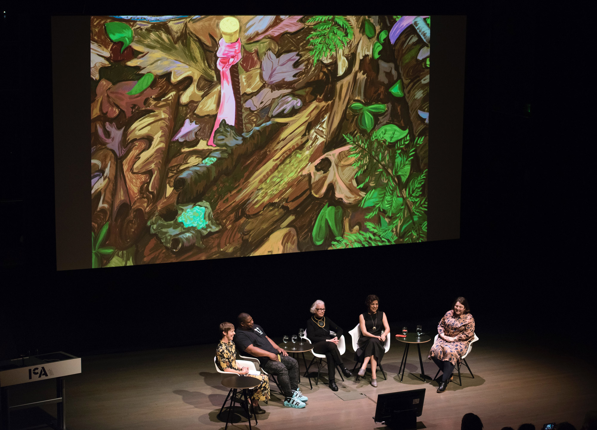 Panelists during a panel discussion at the Boston Institute of Contemporary Art: Josphine Halvorson, Ruth Erickson, Lavaughan Jenkins, Helga Roht Poznanski, and Rashid Fahandej.