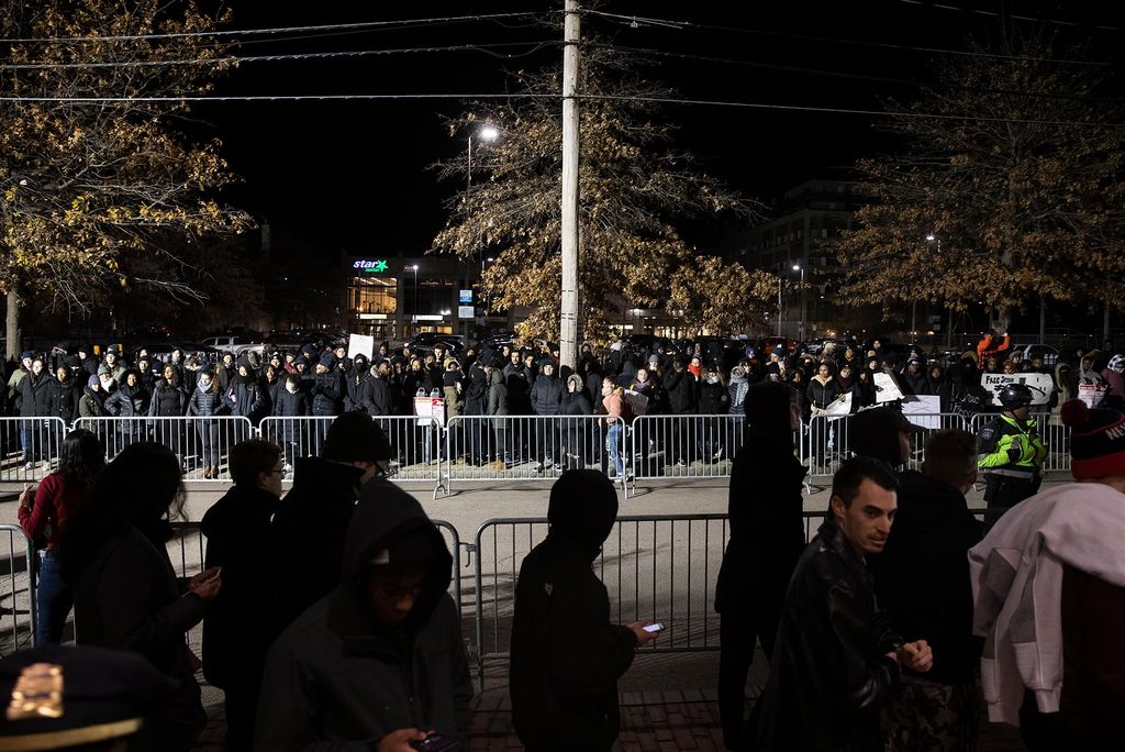 Protestors outside the Boston University Track and Tennis Center during an appearance by Ben Shapiro