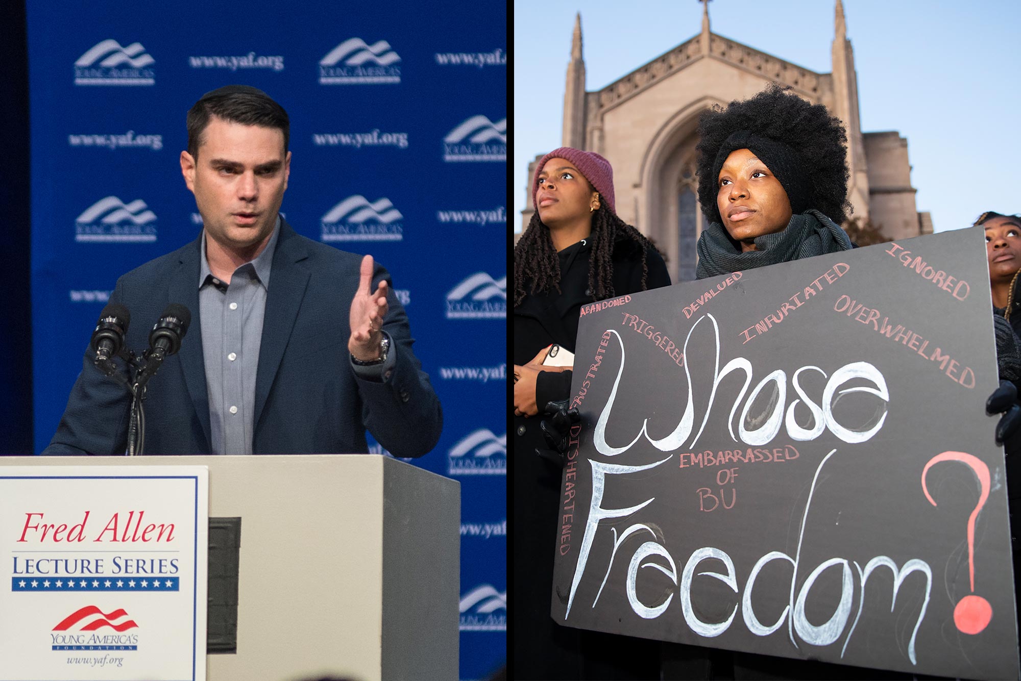 Composite image showing conservative commentator Ben Shapiro delivering a speech at Boston University (left) and African American protestors holding a sign that says 'Whose Freedom?' while demonstrating against Shapiro's appearance at BU.