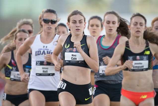 Mary Cain leads the pack of runners in the Women's 1500 meters at the 2014 USA Track and Field Championships in Sacramento, California.