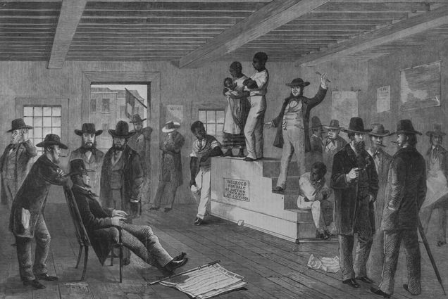 An illustration of a slave auction in Virginia, USA.