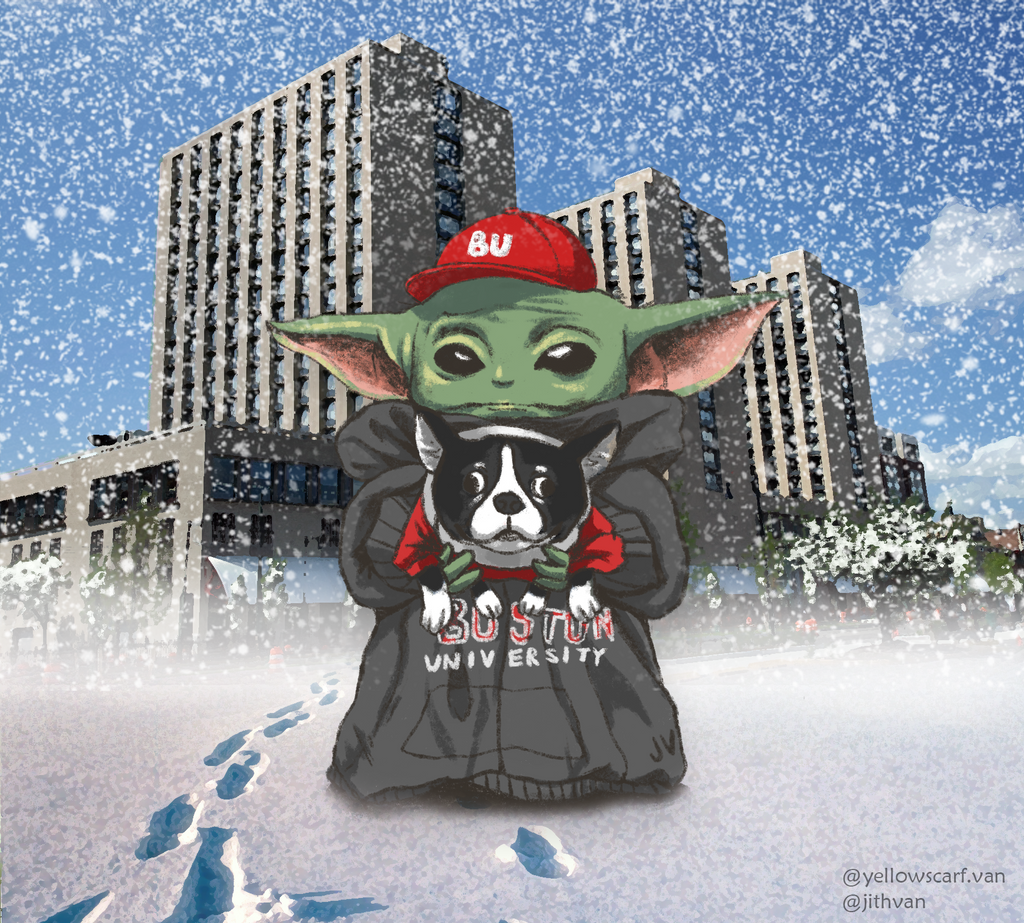 An illustration of Baby Yoda sporting a red BU hat, gray Boston University sweatshirt, holding a Boston Terrier, while standing in front of Warren towers 