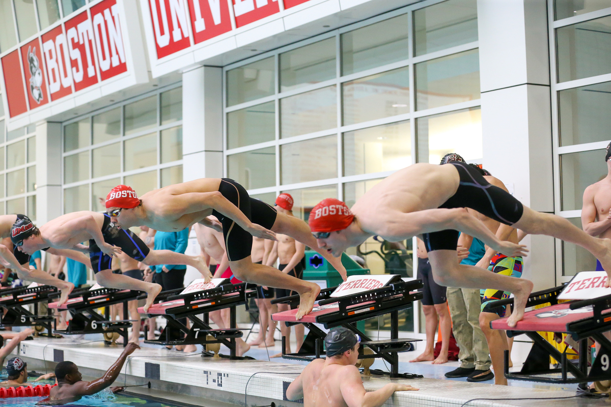 The Men's swimming team dives off blocks during a race