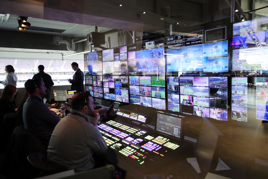 A photo of the television production control room at the Super Bowl.