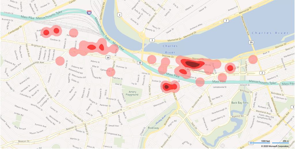 A heat map of the Boston University Charles River Campus showing alcohol-related transports for the fall 2019 semester.